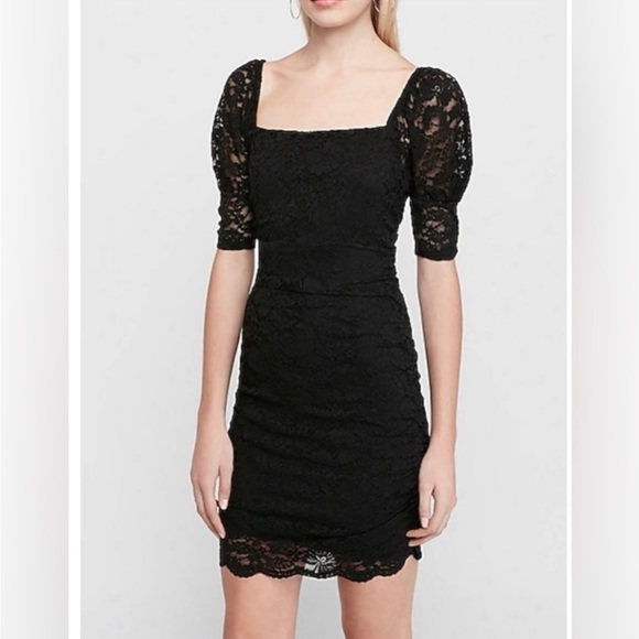 EXPRESS Black Lace Floral Print Puff Sleeves Ruched Square Neckline Mini Dress - Picture 1 of 8